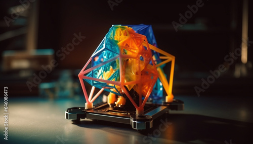 Fun, multi colored toy illuminated with bright lighting equipment on table generated by AI