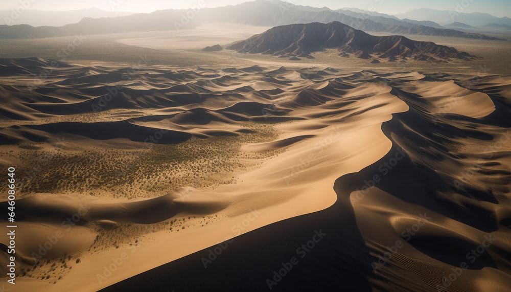 Remote sand dunes ripple in arid African landscape at sunset generated by AI - obrazy, fototapety, plakaty 