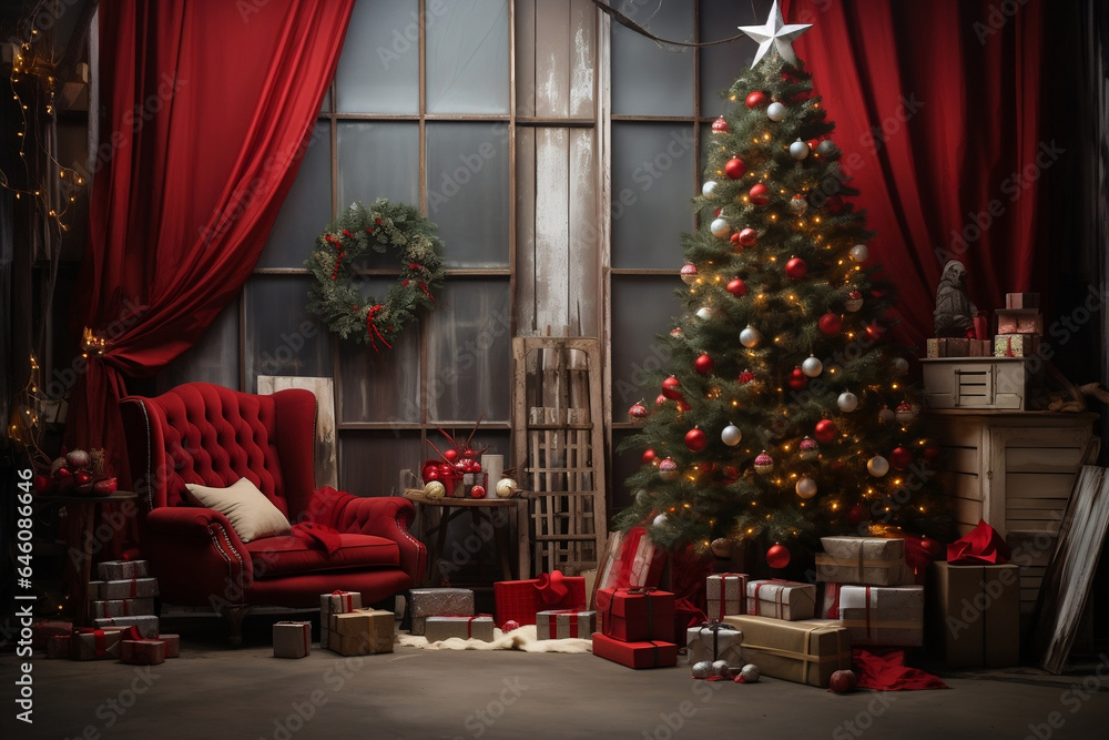 Mystical Holiday Vibes: Festive Room with Red Curtains and Christmas Tree Tools