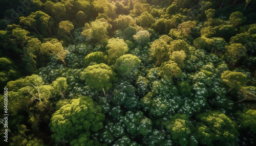 Green leaves on trees in a forest, a natural landscape generated by AI