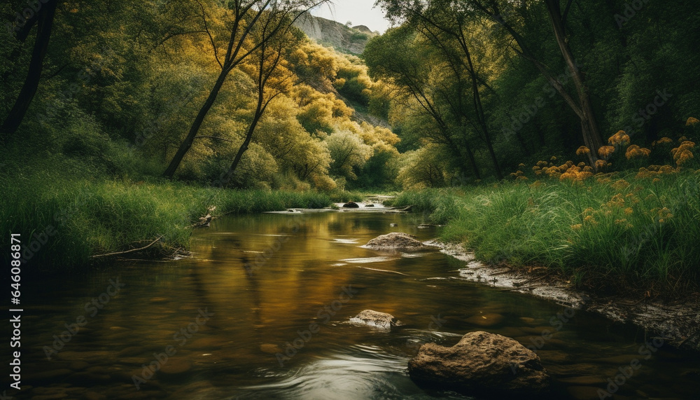 Tranquil scene of a mountain meadow with flowing water and trees generated by AI Tranquil scene of a mountain meadow with flowing water and trees generated by AI