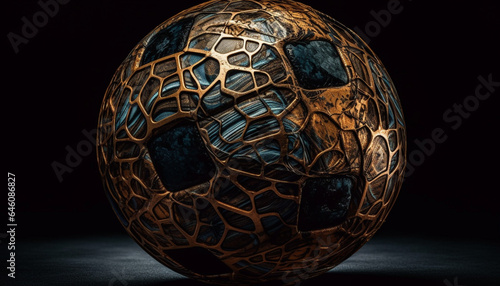 Abstract black sphere with shiny reflection on yellow background generated by AI