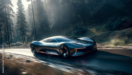 Smooth sports car driving on dark asphalt through forest landscape generated by AI © Stockgiu