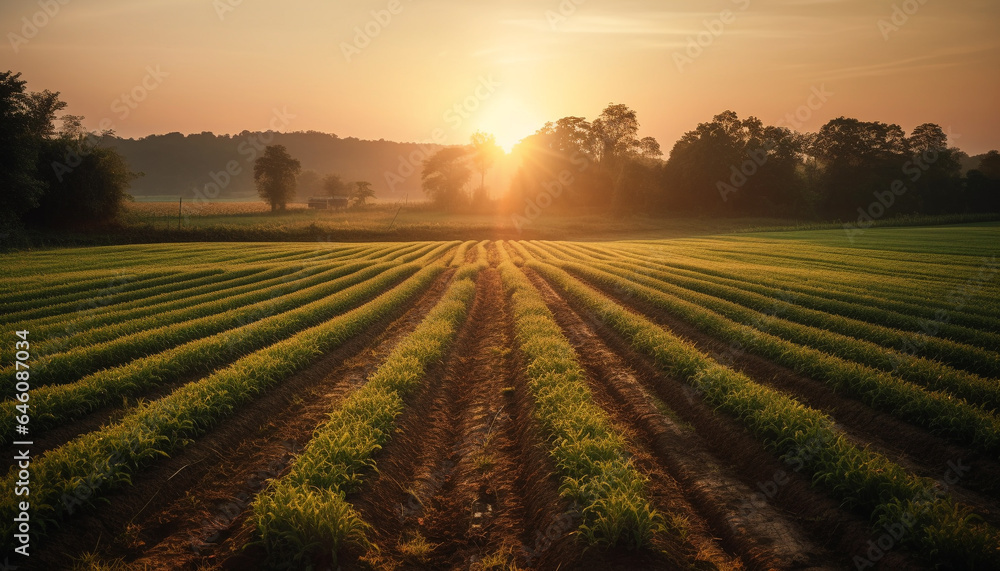 Vibrant sunset over rural farm, wheat fields aglow with sunlight generated by AI