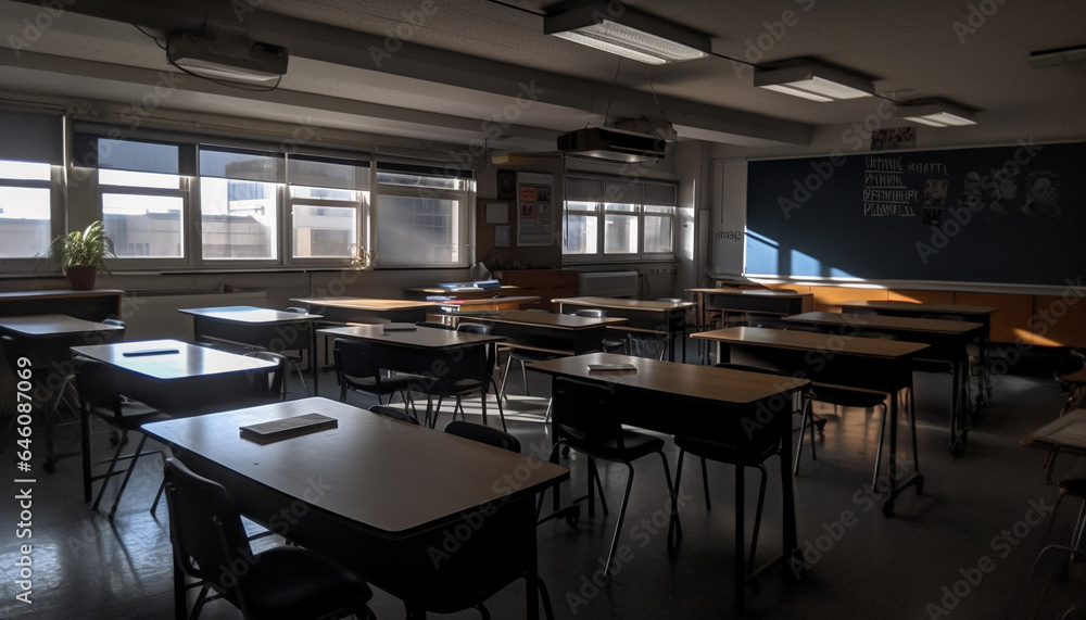 Modern classroom with empty chairs and desks, steel and wood architecture generated by AI - obrazy, fototapety, plakaty 