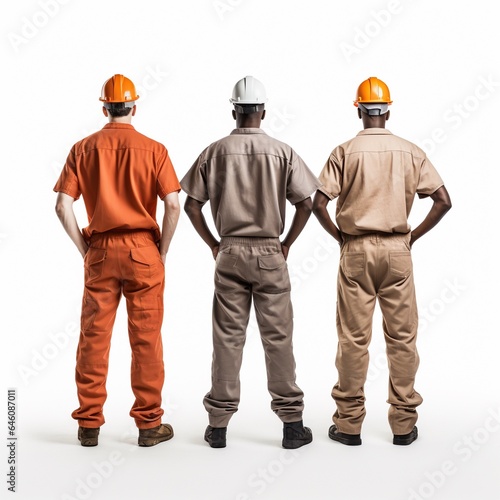 Workers in helmets isolated on white background. Construction workers and engineers. Work clothes. Generative AI