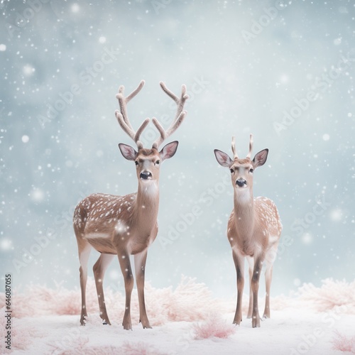 Christmas card with Christmas reindeer. Pastel colors. Winter snow. Generative AI © Jakub