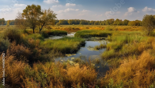Vibrant autumn landscape yellow leaves, blue sky, tranquil meadow, serene pond generated by AI