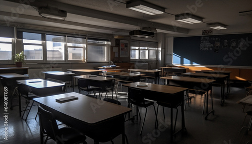 Modern classroom with empty chairs and desks, steel and wood architecture generated by AI
