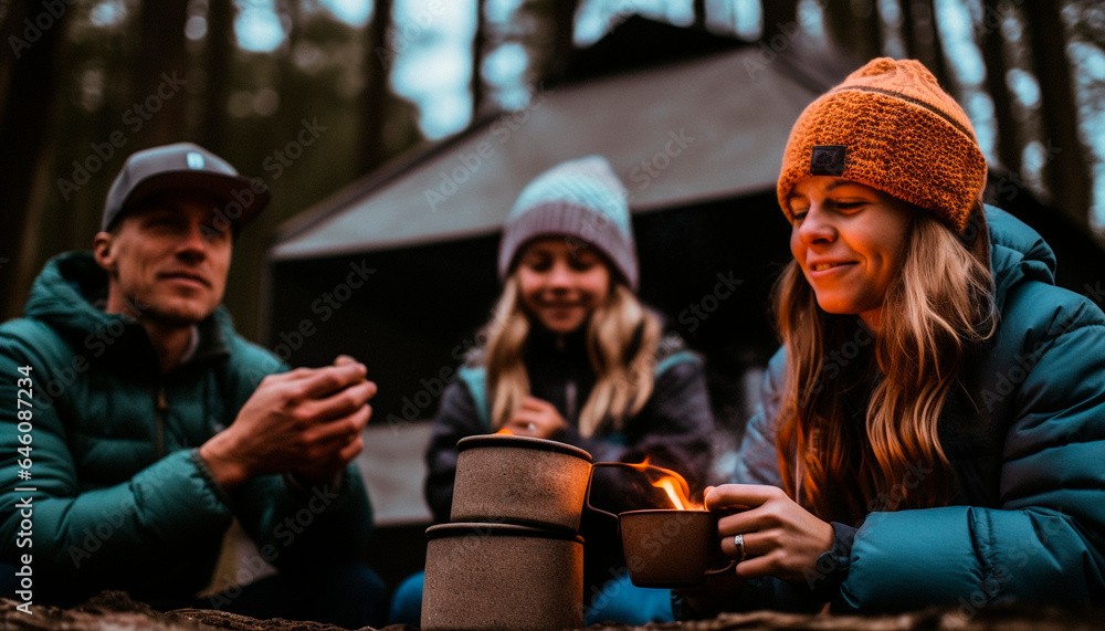 A group of smiling Caucasians enjoying outdoor winter camping adventure generated by AI