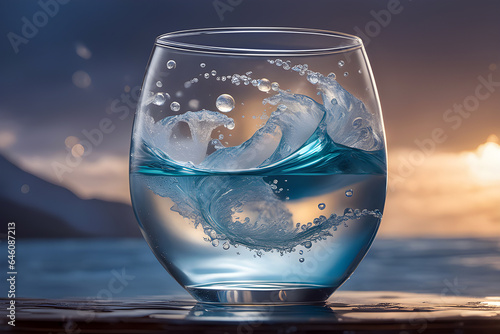 Der sprichwörtliche Sturm im Wasserglas , Glas vor Landschaft mit See