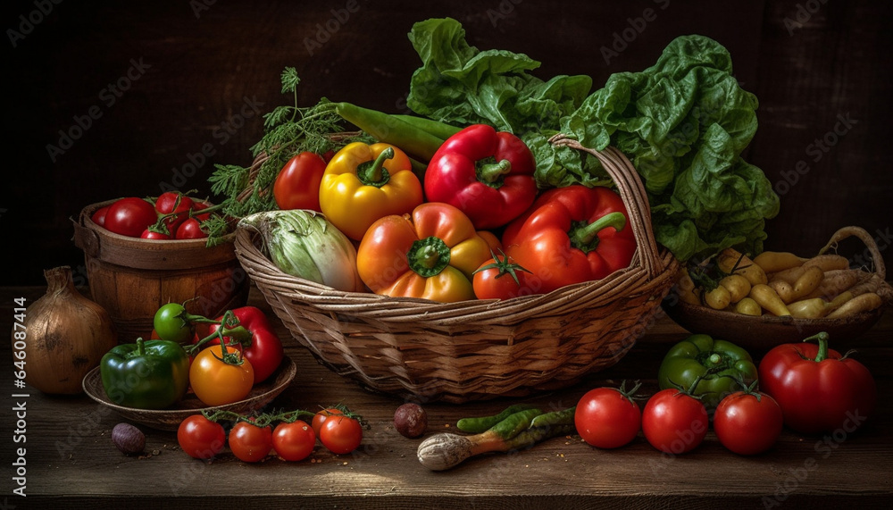 Fresh organic vegetable salad in wicker basket on rustic table generated by AI Fresh organic vegetable salad in wicker basket on rustic table generated by AI