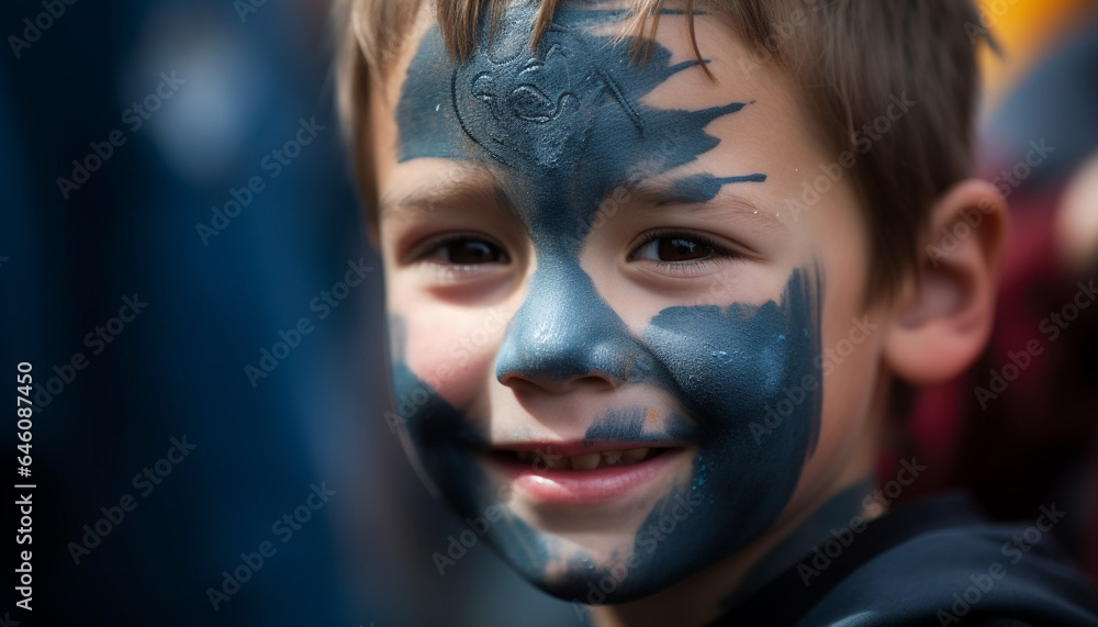 Smiling boys with face paint enjoy playful Halloween outdoors generated by AI Smiling boys with face paint enjoy playful Halloween outdoors generated by AI