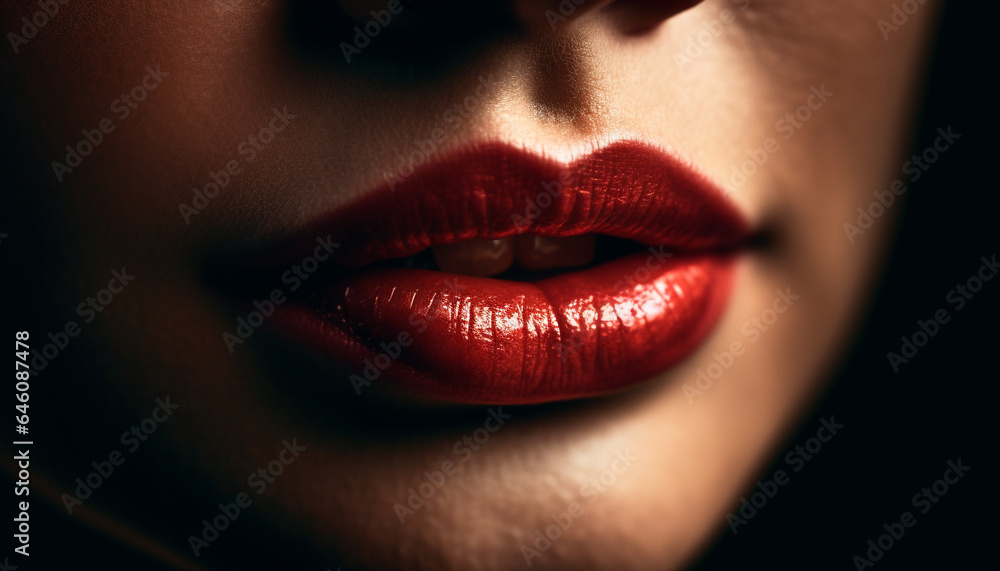 Obraz premium Beautiful young woman with shiny lips exudes sensuality and elegance generated by AI