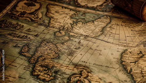 Antique world map on paper  stained and dirty with selective focus generated by AI