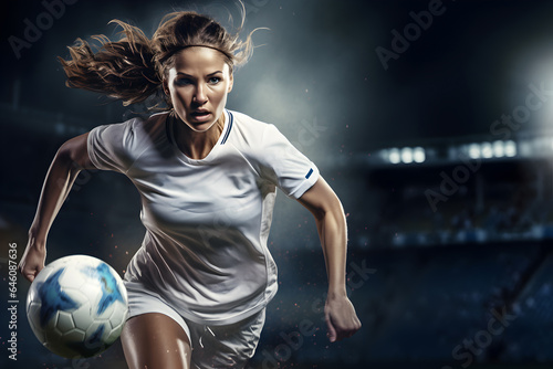 Woman soccer player in jersey playing football on field with the stadium is background, Full of determination and passion, Generative AI