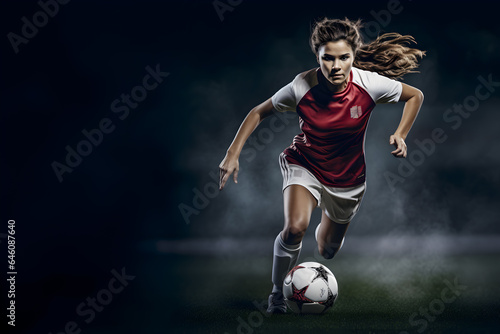 Woman soccer player in jersey dribbling football on field, Full of determination and passion, Generative AI