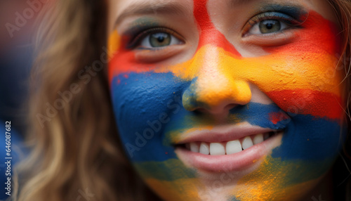 Smiling Caucasian soccer fan with patriotic face paint enjoys game generated by AI