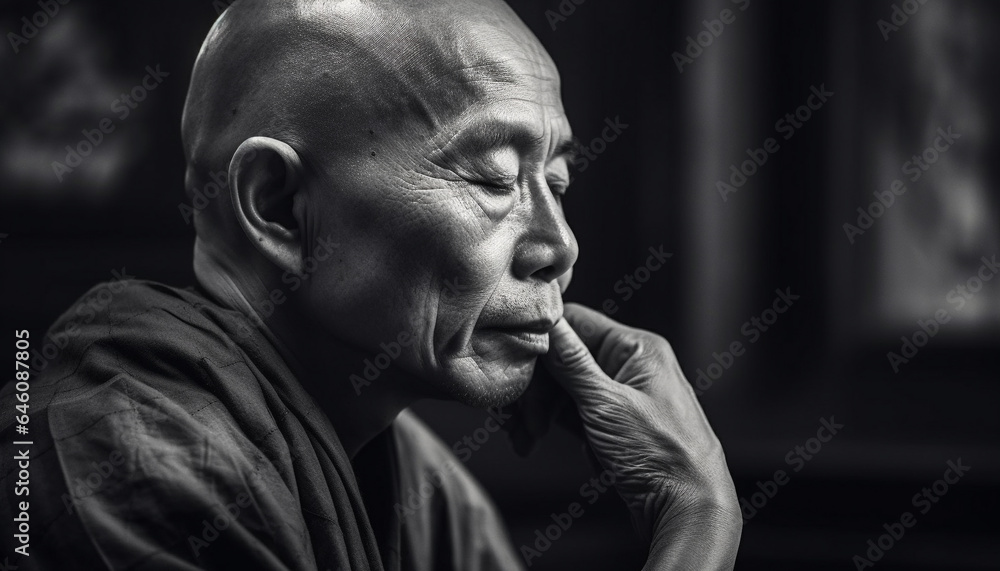 Old man praying, eyes closed, hand touching, grief and pain generated by AI