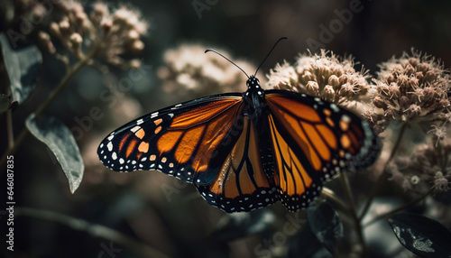 Vibrant monarch butterfly pollinates yellow flower in natural beauty generated by AI © Stockgiu