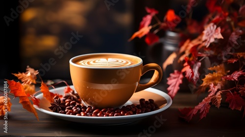 Cozy Morning Brew: Autumn Cappuccino in Ceramic Cup