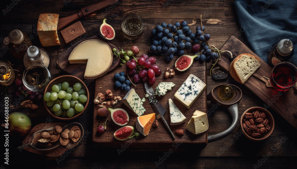 Rustic table with gourmet snacks cheese, prosciutto, fig, bread, wine generated by AI Rustic table with gourmet snacks cheese, prosciutto, fig, bread, wine generated by AI