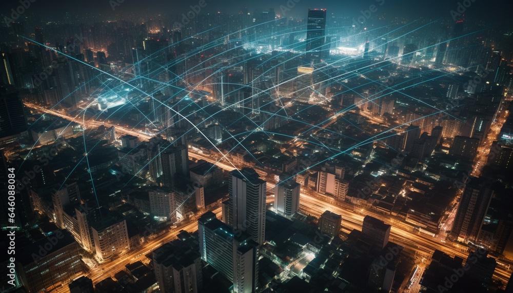 Fototapeta premium Glowing cityscape with skyscrapers and urban skyline at dusk generated by AI