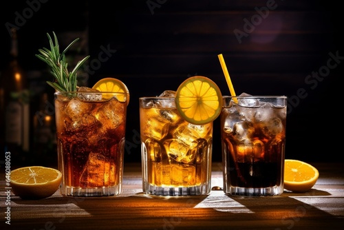 Mixed drinks on counter. Whiskey-cola  cuba libre cold drinks with rosemary and orange slices  metal straws in the background. Space for text. Generative AI