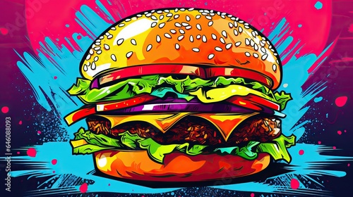 Burger, fast food pop art collage style neon bold color