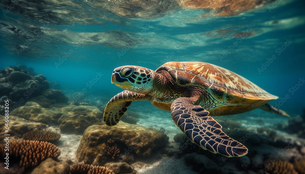 Fototapeta premium Underwater adventure Close up of endangered sea turtle in tropical reef generated by AI