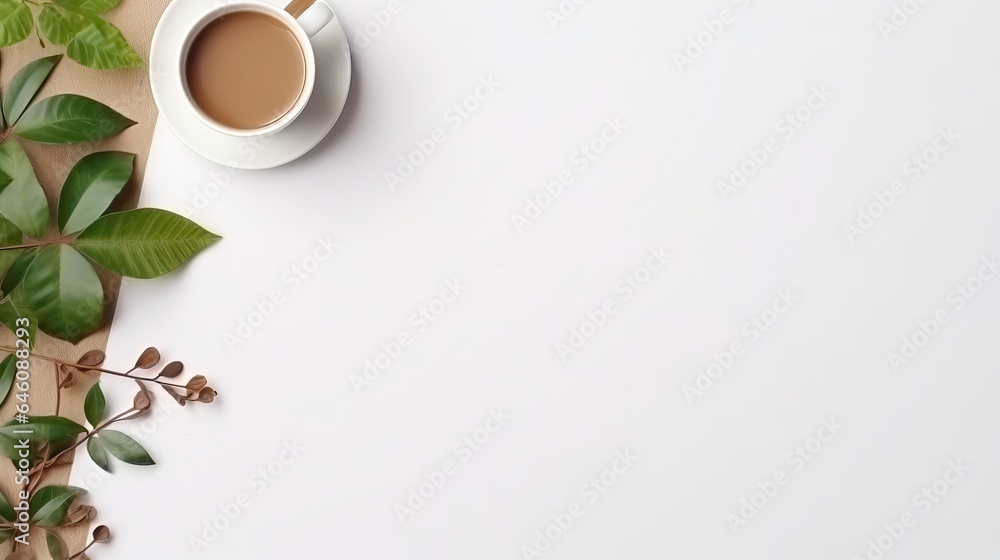 cup of coffee with leaf, white copy space cup of coffee with leaf, white copy space