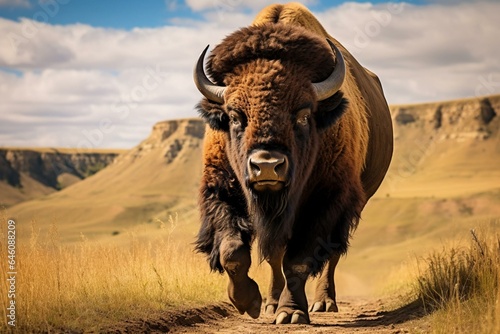 A bison in Theodore Roosevelt National Park, North Dakota Badlands. Generative AI