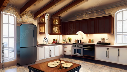 kitchen interior with fireplace,new,sink,cabinet,luxury,wood,contemporary,table,Ai generated  © Quranmeri