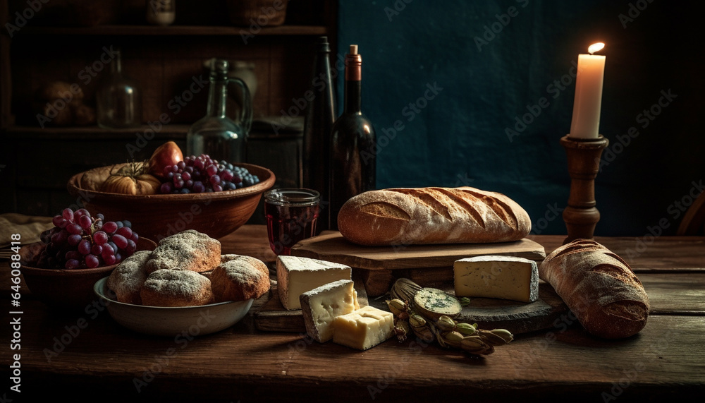 Rustic bread, gourmet cheese, fresh grapes, and wine on table generated by AI