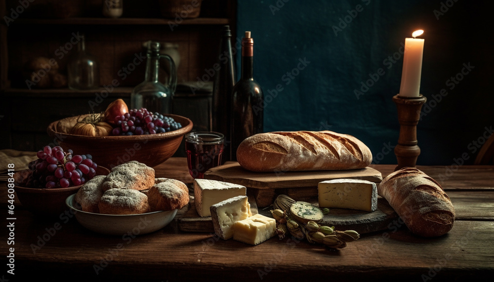 Rustic bread, gourmet cheese, fresh grapes, and wine on table generated by AI Rustic bread, gourmet cheese, fresh grapes, and wine on table generated by AI