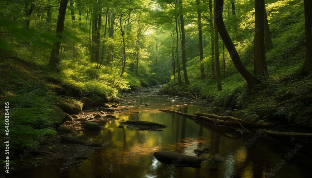 Tranquil scene of a wet forest with flowing water and reflection generated by AI Tranquil scene of a wet forest with flowing water and reflection generated by AI
