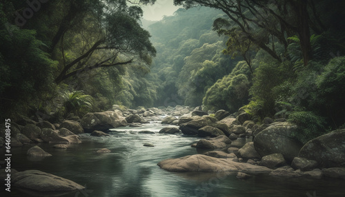 Tranquil tropical rainforest landscape with flowing water and green foliage generated by AI