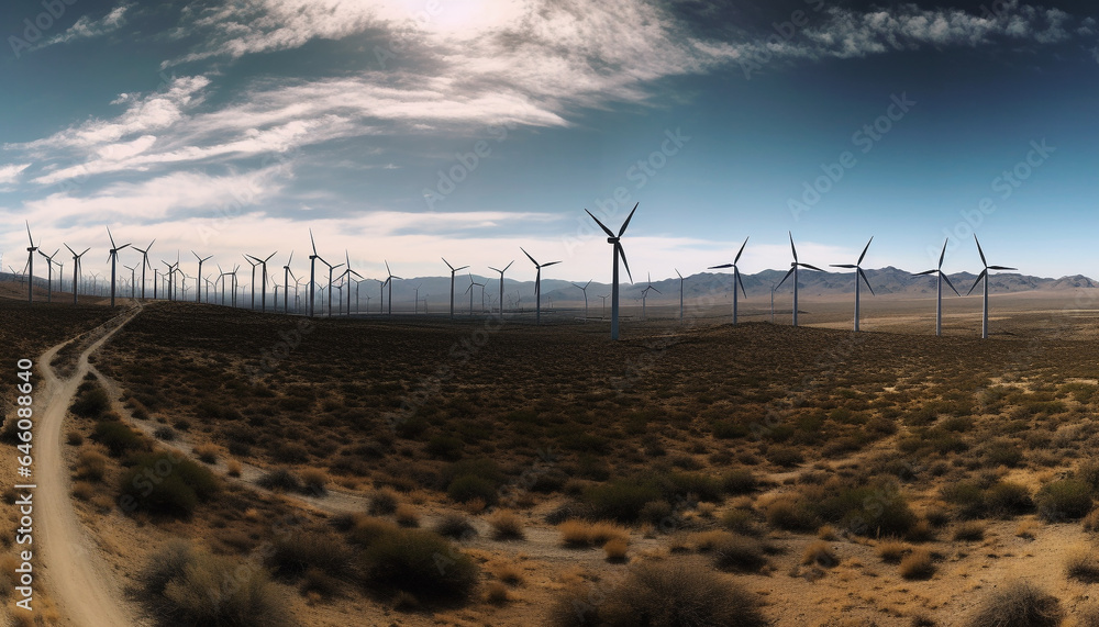 Wind turbines spinning in a row, powering sustainable resources efficiently generated by AI