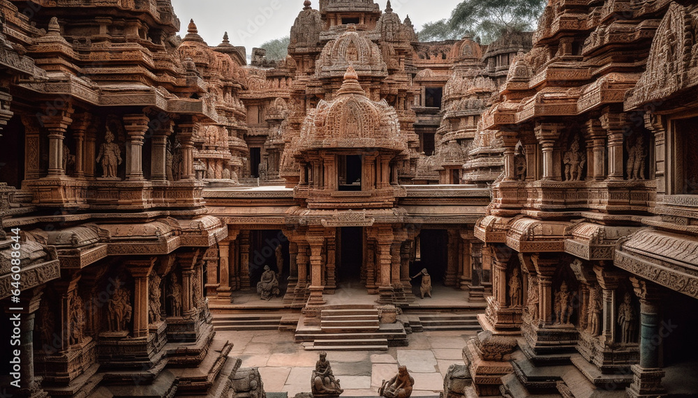Ancient sandstone ruins reveal ornate Hindu sculpture and architectural features generated by AI