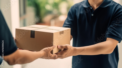 a delivery man with a black polo shirt gives a package to a customer from the back with a smile.