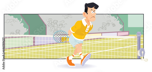 Man with tennis ball playing tennis. Funny people. Illustration for internet and mobile website.