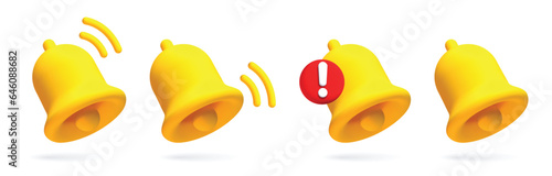 Realistic 3d notification yellow bell icon set. 3d vector render ringing bell with notification. Vector illustration