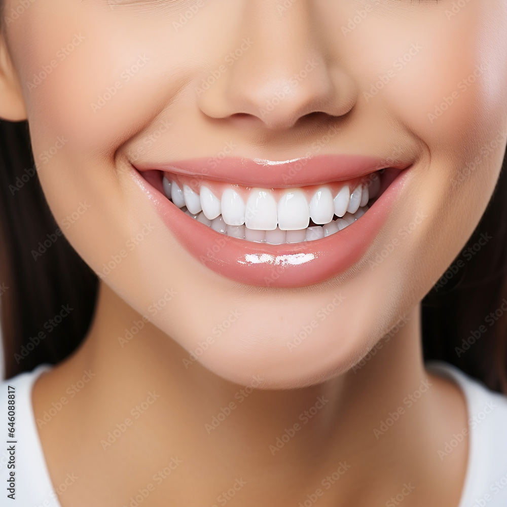 Close-up smile of a woman showing perfectly healthy white teeth Close-up smile of a woman showing perfectly healthy white teeth