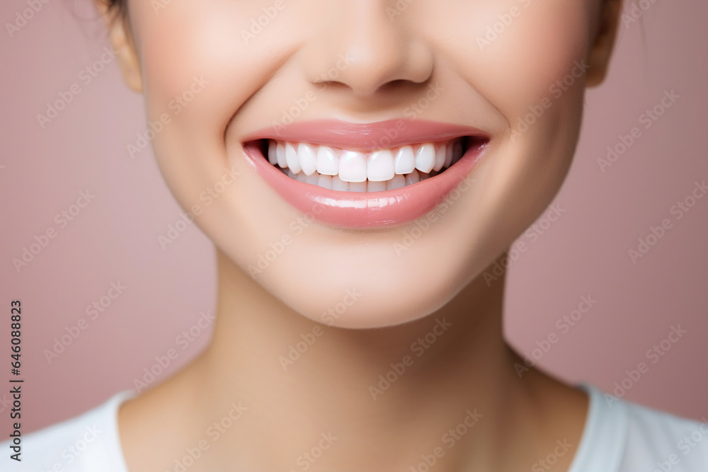 Fototapeta premium Close-up smile of a woman showing perfectly healthy white teeth