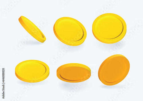 3d set of money coins icons. 3D vector rendering of floating coins from different angles. Vector illustration