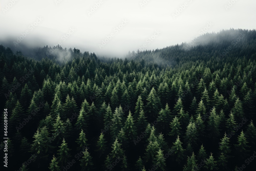 Pine trees in the forest seeing from above