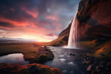 Icelandic waterfall at sunset. Landscape in Iceland