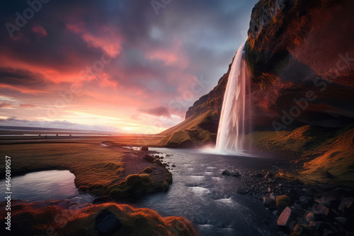 Icelandic waterfall at sunset. Landscape in Iceland