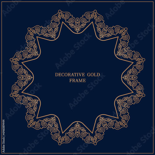 Template for your design with ornamental gold elements and motifs of Kazakh, Kyrgyz, Tatar national Asian decor for packing, banner, flyer and print design. Square frame. Workpiece for your design.