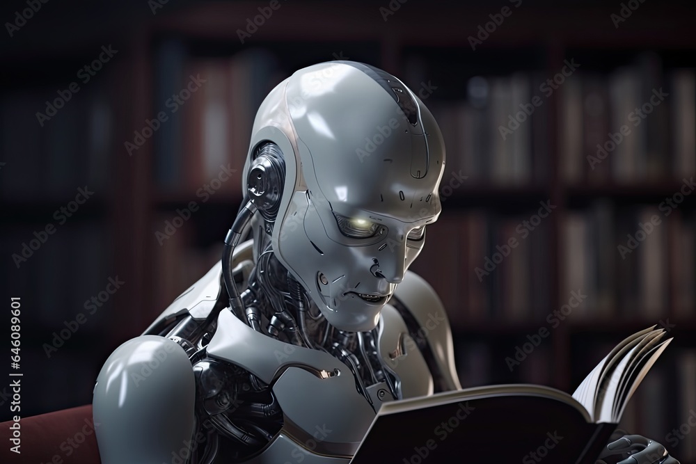 Naklejka premium A futuristic cyborg with the ability to read and acquire knowledge, bridging the gap between artificial intelligence and human learning.